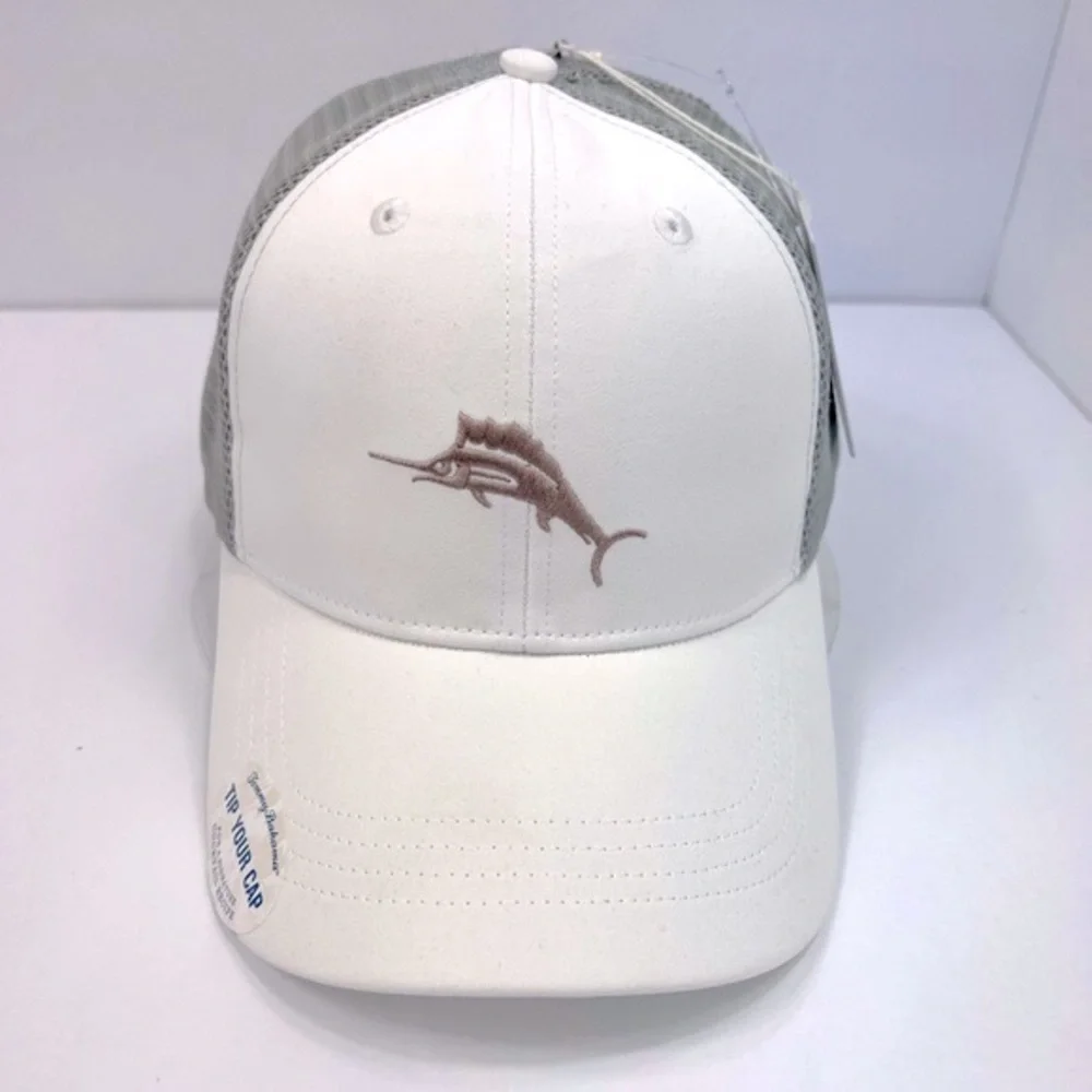 TOMMY BAHAMA CAP HAT, FRONT IS WHITE BACK IS GREY MESH & LOGO ADJ. STRAP, UNISEX